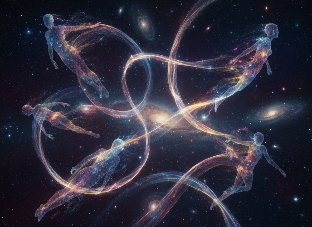 Translucent figures made of stardust float in space, connected by glowing trails of light.