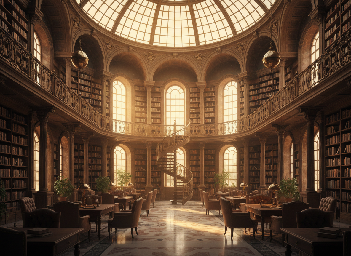 Ornate multi-story library with a central spiral staircase and a large glass dome ceiling.